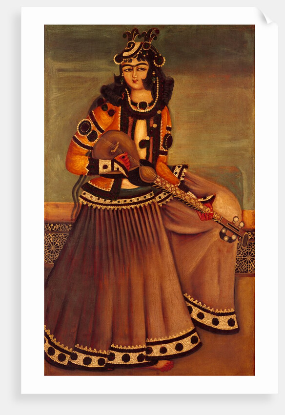 Lady sitting on a dais playing a sort of lute. Tehran, Iran, Qajar dynasty, 19th century by Unknown