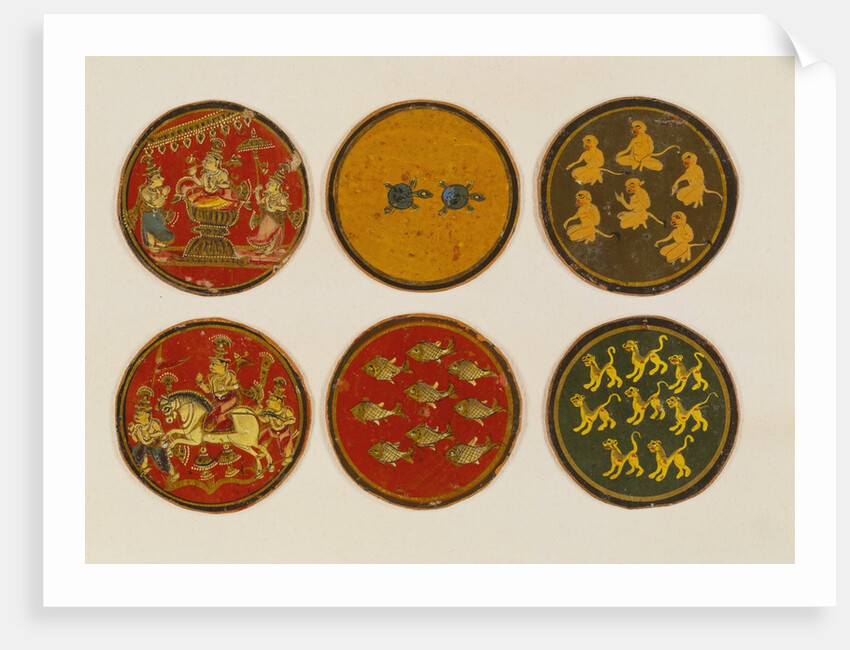 Six playing cards from a set of 121. Kurnaul, India, 19th century by Unknown