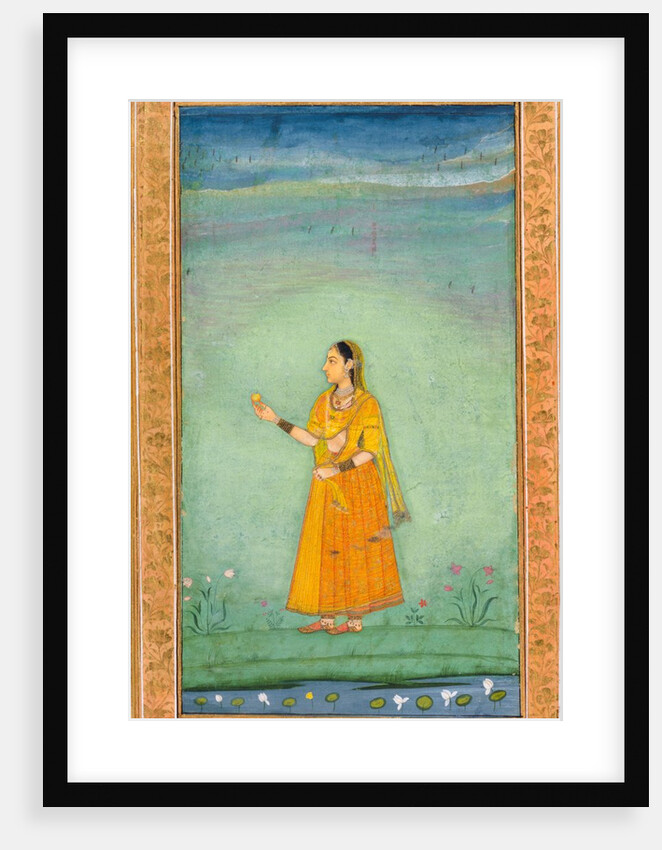 A lady holding a fruit standing by a lily pond by Unknown