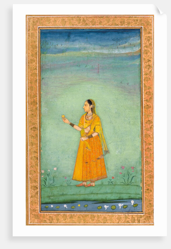 A lady holding a fruit standing by a lily pond by Unknown
