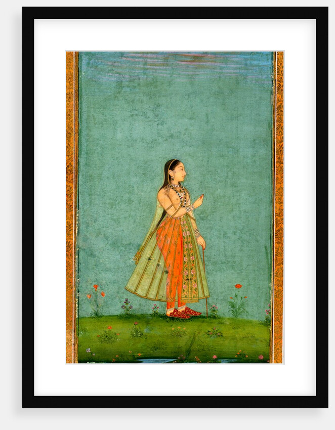 A lady standing against flowers by a lily pond by Unknown