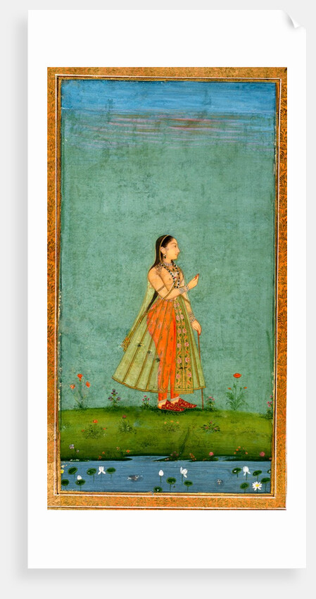 A lady standing against flowers by a lily pond by Unknown