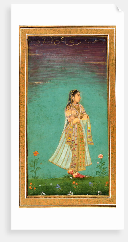 A lady walking through flowers by Unknown