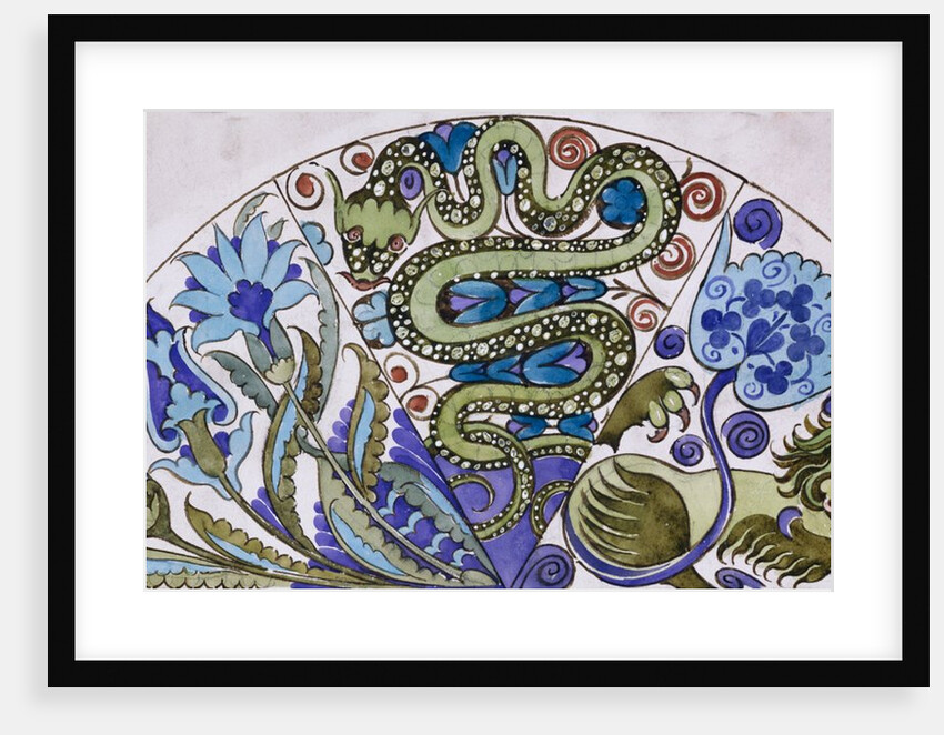 Dish design with Persian foliage, snake and lion by William De Morgan