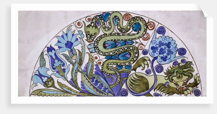 Dish design with Persian foliage, snake and lion by William De Morgan