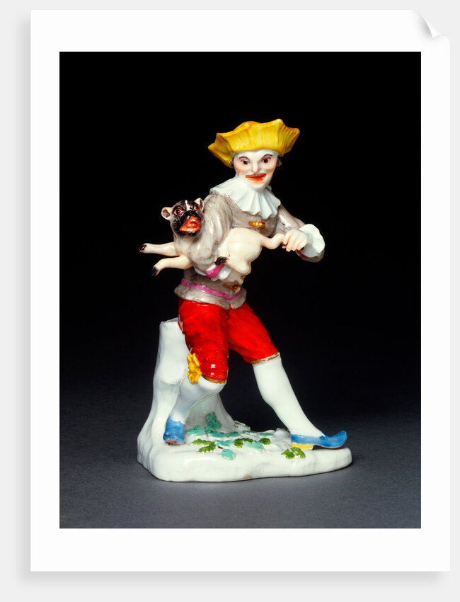 Harlequin with a hurdy-gurdy and a pug dog by Johann Joachim Kändler