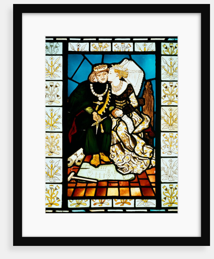 Stained glass panel depicting a scene from King Rene's honeymoon by Ford Madox Brown