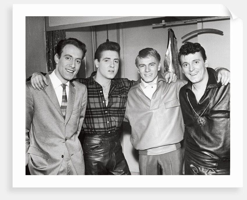 Eddie Cochran (2nd left) with John Barry, Adam Faith and Gene Vincent by Harry Hammond