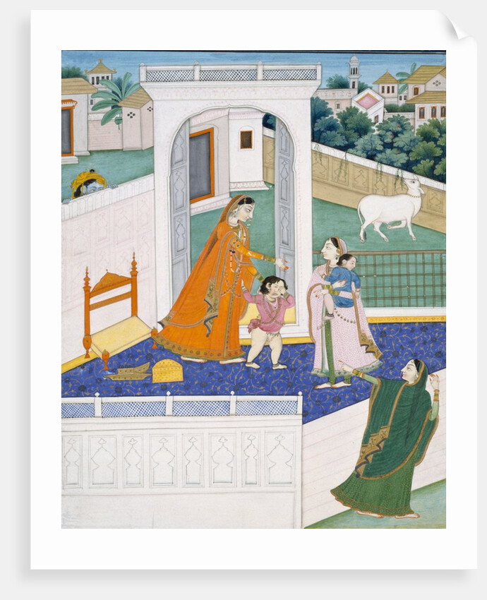 Krishna peering over a wall at Radha and children by Unknown