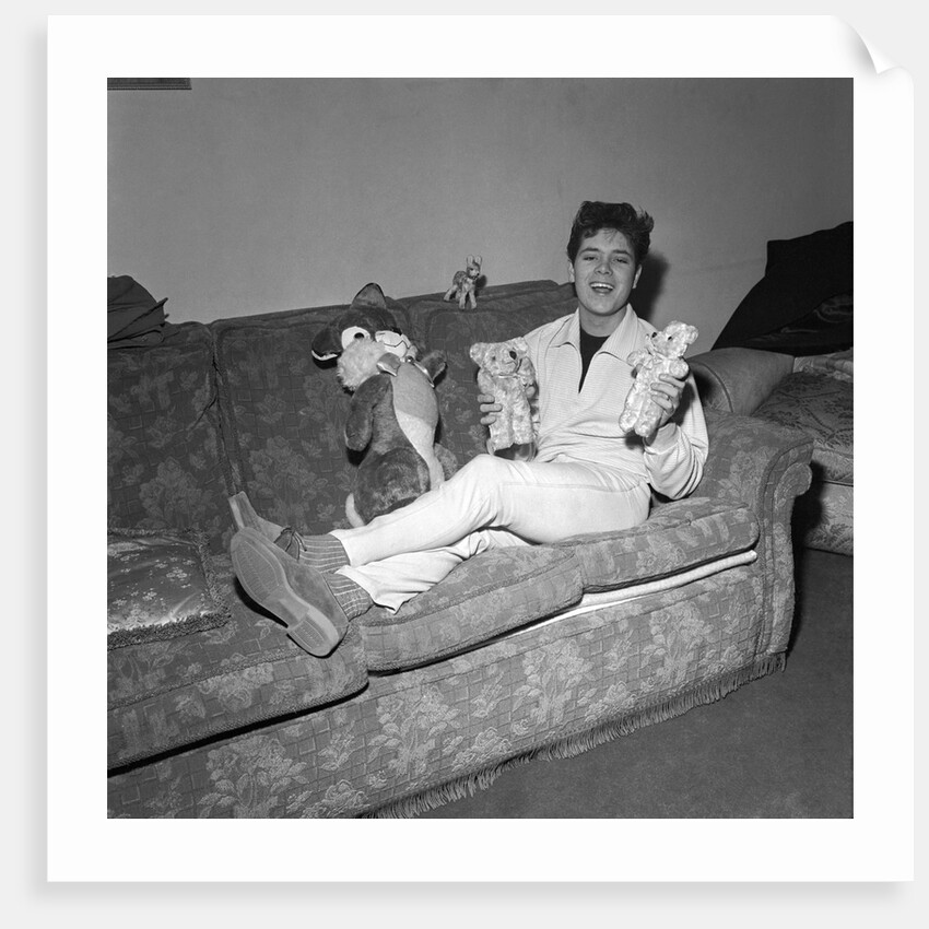 Cliff Richard on a sofa with soft toys by Harry Hammond