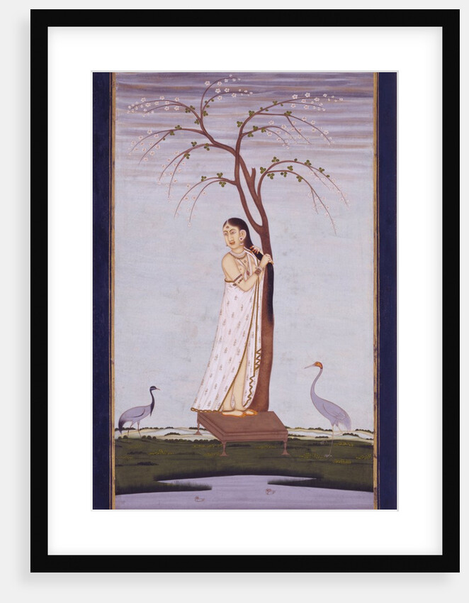 A lady standing beneath a tree braiding or drying her hair by Unknown