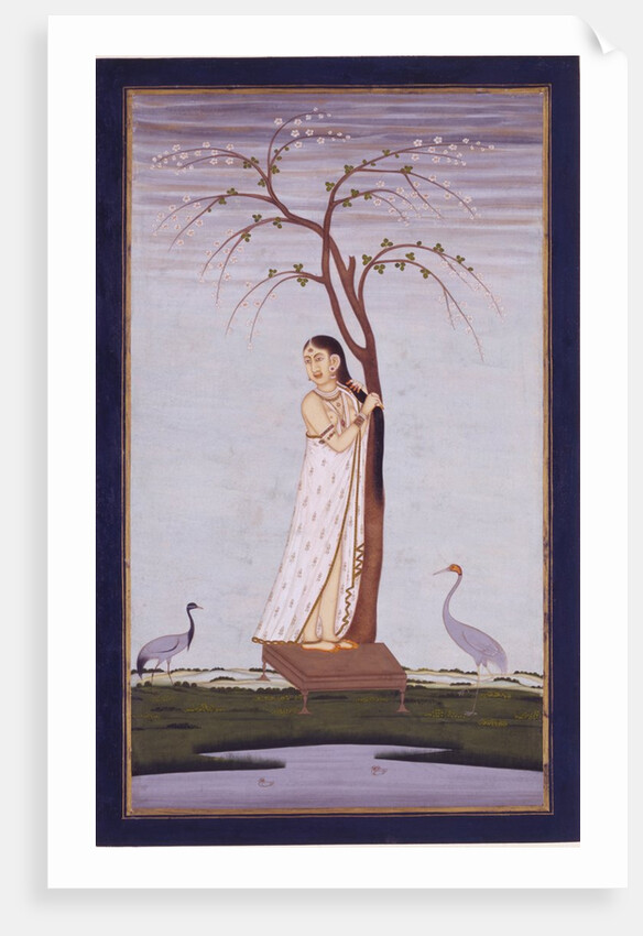 A lady standing beneath a tree braiding or drying her hair by Unknown