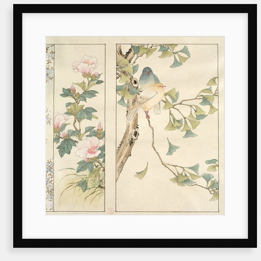 Large flowers with buds and a pair of doves by Anonymous