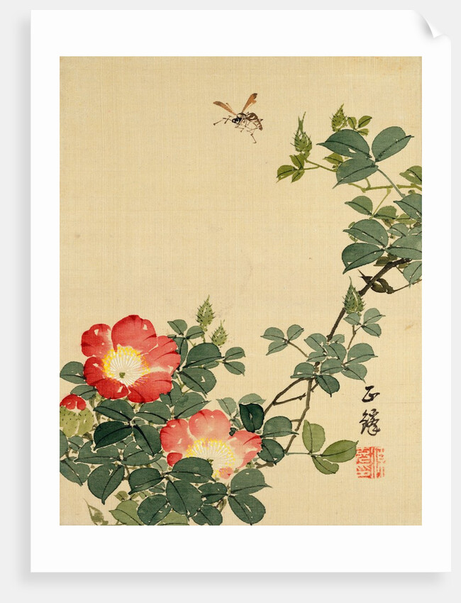 Wasp, Red Flower and Foliage by Seiho
