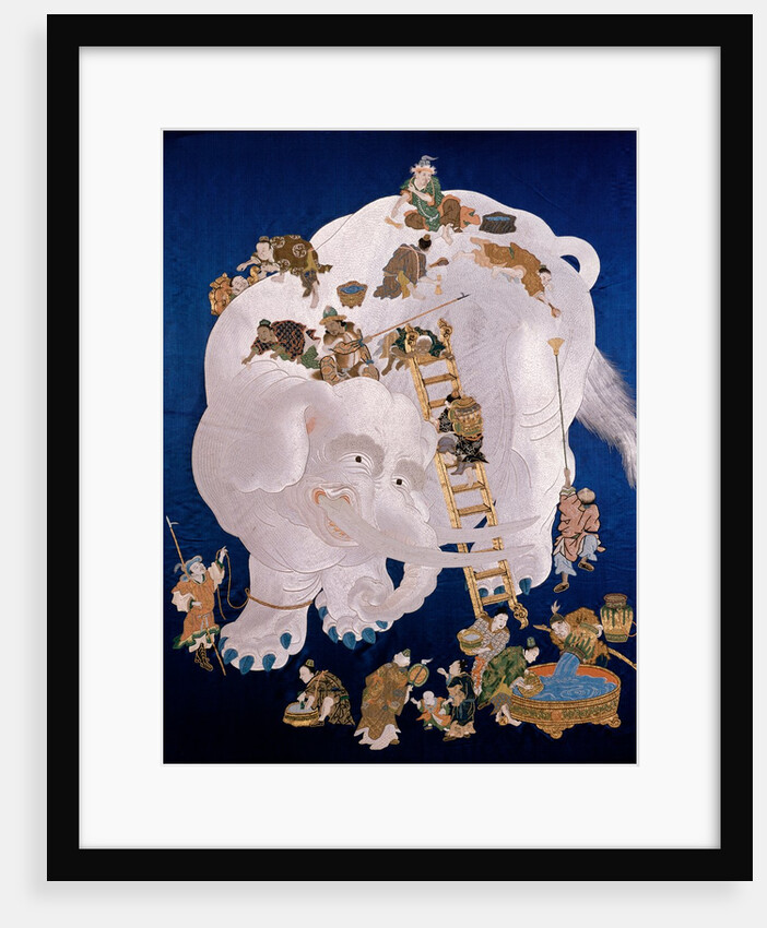 White elephant washed by 18 men, embroidered on a fukusa. Japan, 19th century by Unknown