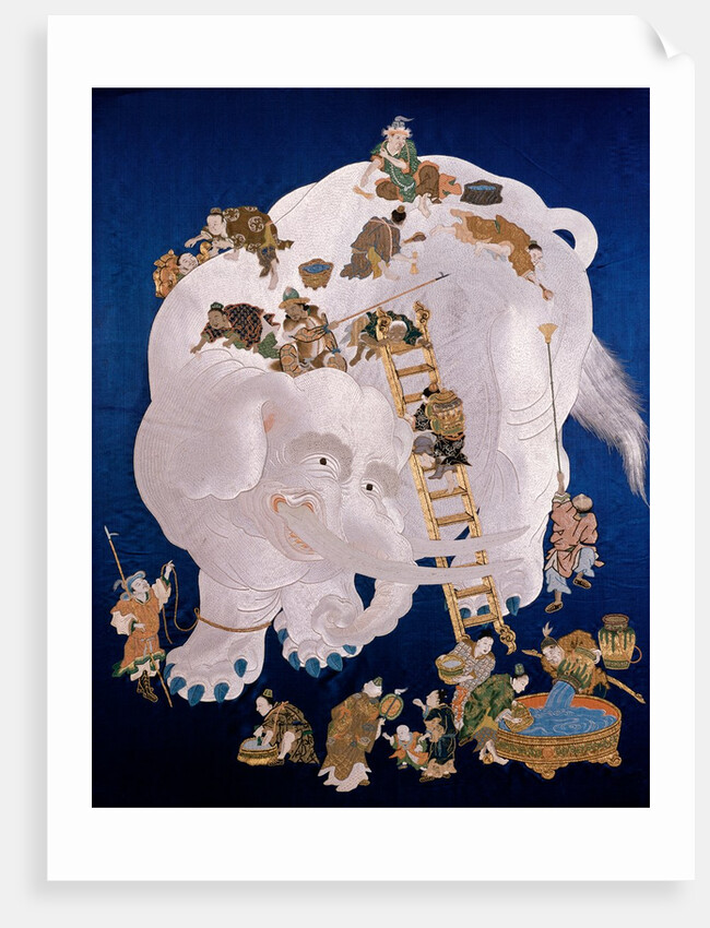 White elephant washed by 18 men, embroidered on a fukusa. Japan, 19th century by Unknown