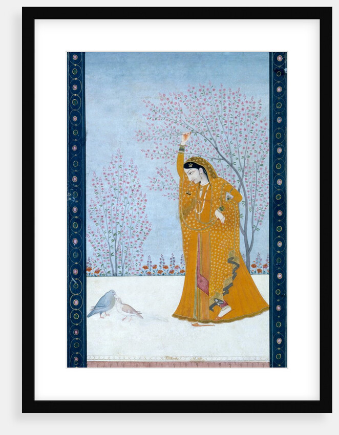 Girl beneath a tree gazing at a pair of pigeons. India, late 18th century by Unknown