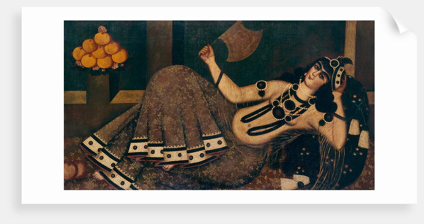 Lady reclining and holding a fan. Iran, Qajar dynasty, 19th century by Unknown