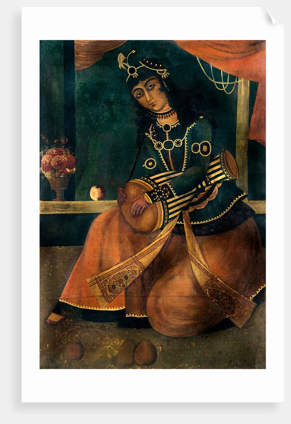 Lady seated playing a drum. Iran, Qajar dynasty, early 19th century by Unknown