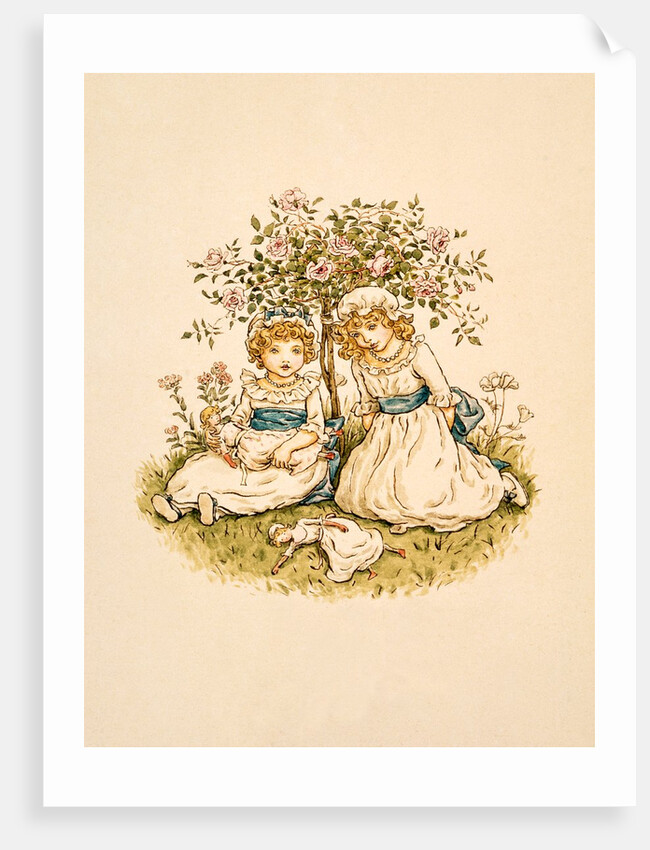 Two girls seated on the ground under a tree by Kate Greenaway