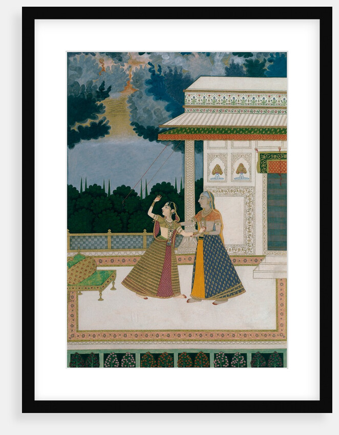 Girl & old woman take refuge from a storm. India, Mughal period, late 18th century by Unknown