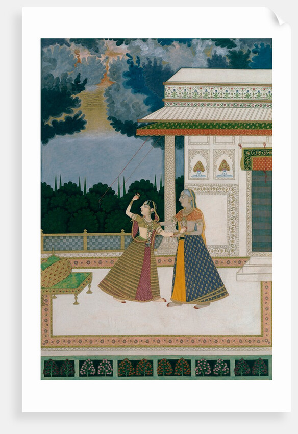Girl & old woman take refuge from a storm. India, Mughal period, late 18th century by Unknown