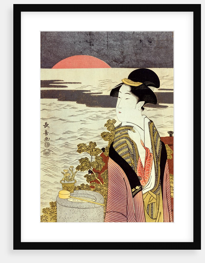 A girl and the sunrise over the sea at New Year by Eishosai Choki
