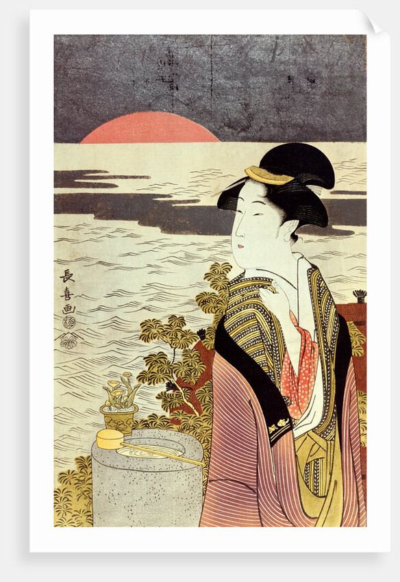 A girl and the sunrise over the sea at New Year by Eishosai Choki