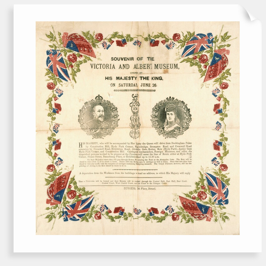 Paper napkin, Souvenir of The Opening of The V&A Museum. England, 1909 by Unknown