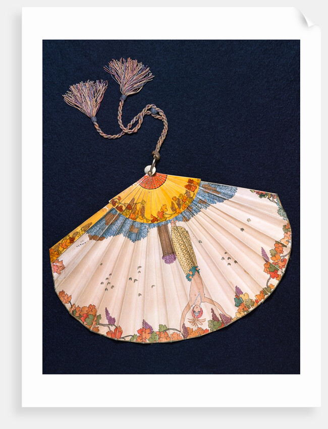 Fan depicting a topless woman with vines, leaves and grapes by Georges Barbier