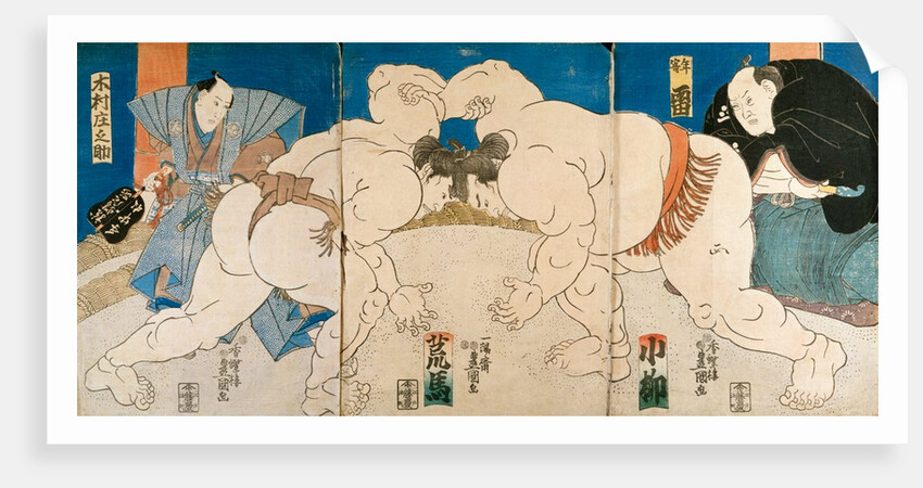 Triptych of Two Sumo Wrestlers and Umpire by Utagawa Kunisada