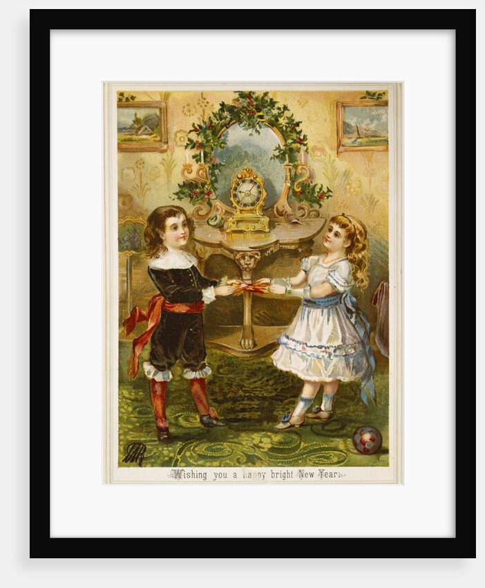 Card showing a boy and a girl pulling Christmas crackers. England, 19th-20th century by Unknown