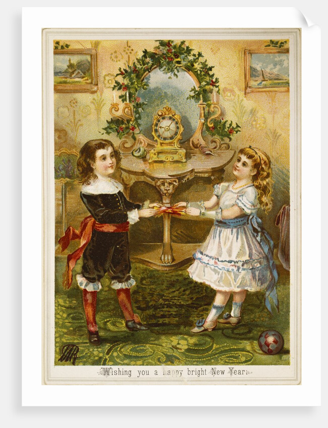Card showing a boy and a girl pulling Christmas crackers. England, 19th-20th century by Unknown