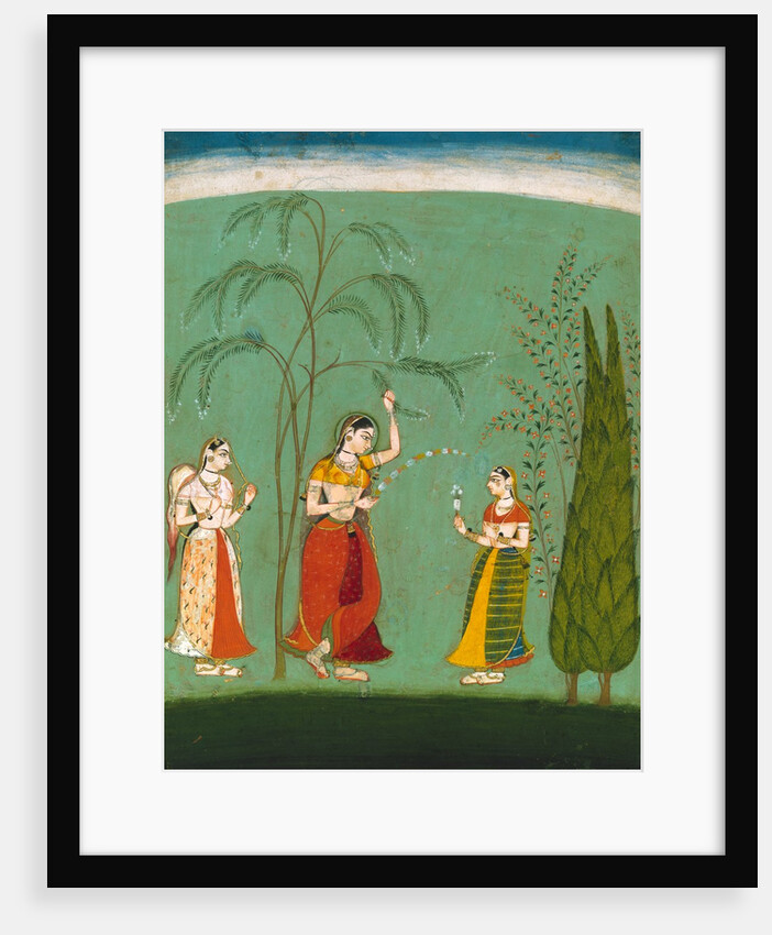 A Princess, her maid and a fly-whisk bearer amongst flowering trees. Bundi, Rajasthan, India, late 17th century by Unknown