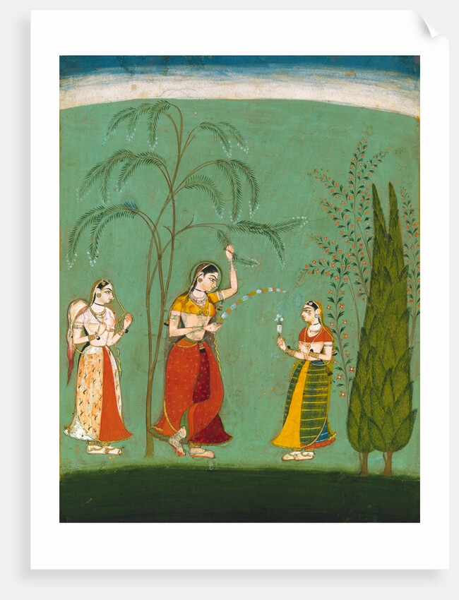 A Princess, her maid and a fly-whisk bearer amongst flowering trees. Bundi, Rajasthan, India, late 17th century by Unknown