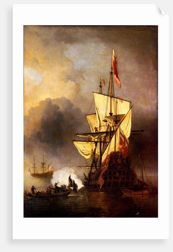 Calm: A Small Ship At Anchor Firing A Salute by Willem Van de Velde