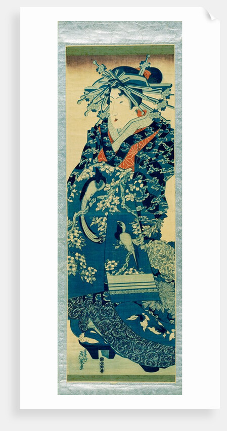 Oiran parading wearing a blue dress by Keisai Eisen