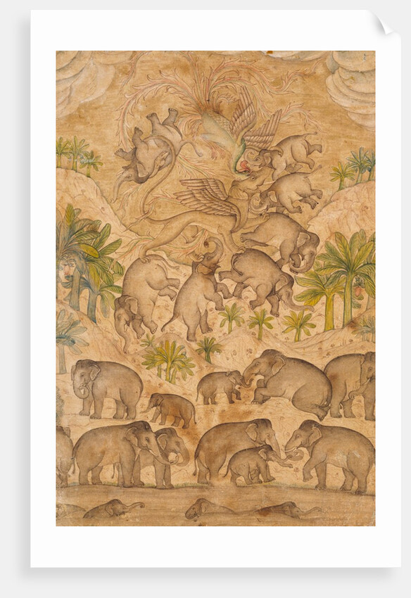 The mythical bird Smurgh, grasping elephants in its claws. India, mid-17th century by Unknown