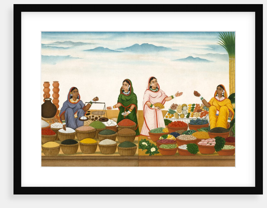 Women selling fruit, vegetables, grains and spices in a bazaar by Shiva Dayal Lal