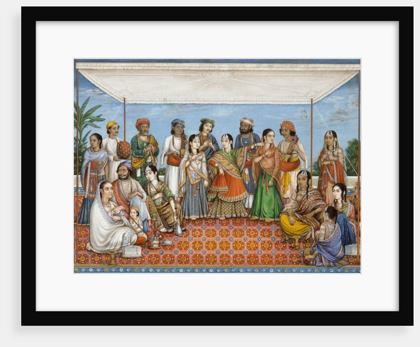 Group of dancing girls and musicians beneath a canopy by Unknown