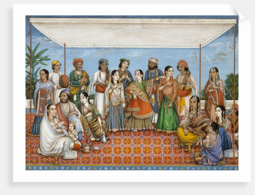 Group of dancing girls and musicians beneath a canopy by Unknown