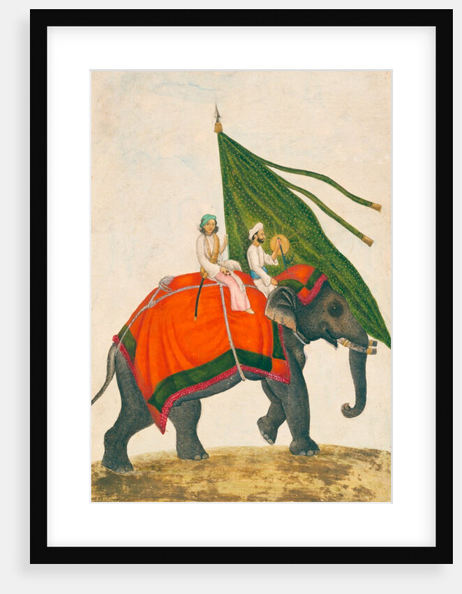 Elephant with a Mahout carrying a green standard with a gold sun on its back by Mazhar Ali Khan