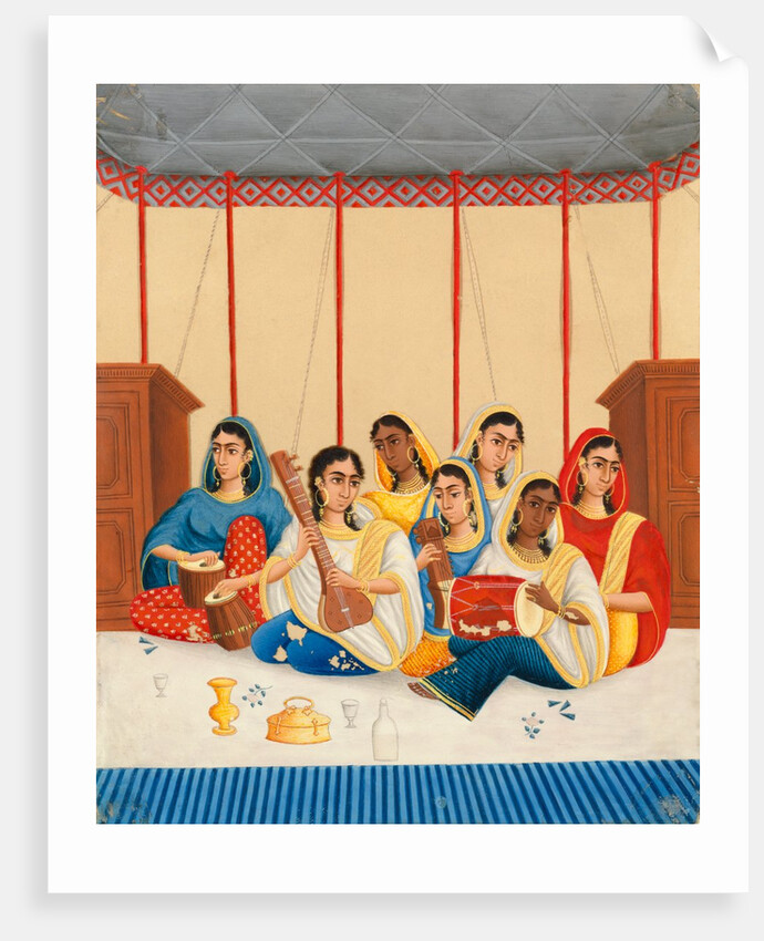A party of seven female musicians seated under a canopy by Shiva Lal