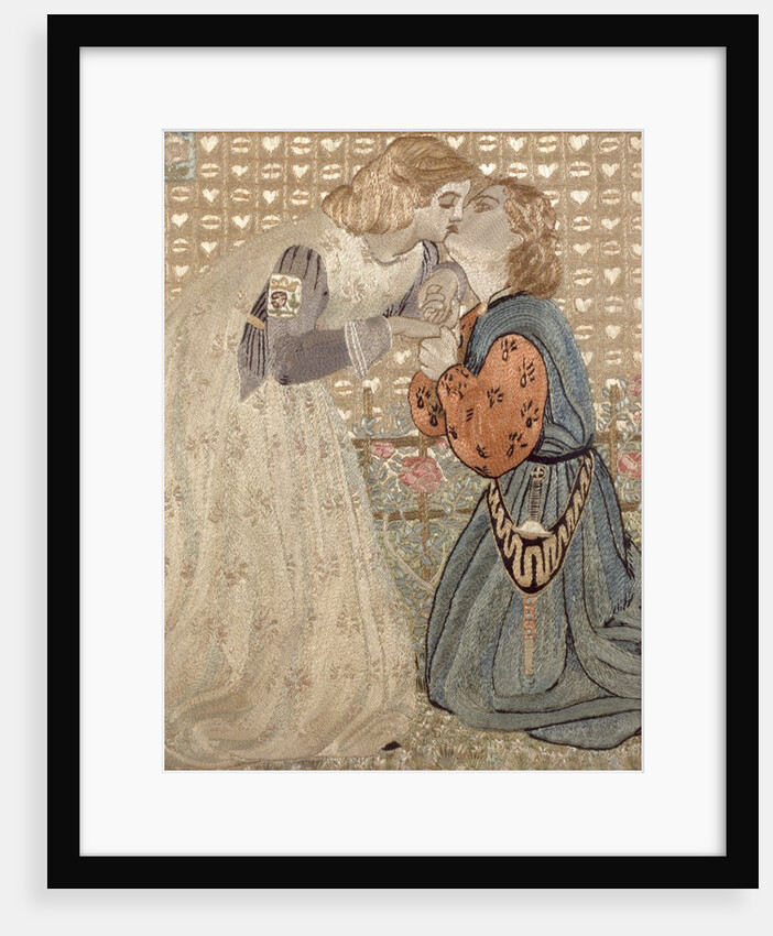 Embroidered picture after an engraving of The Rose Garden by Annie Christian Jack & Dante Gabriel Rossetti