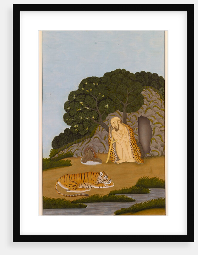 Painting of naked ascetic cloaked in a leopard's skin, sitting by a small fire with a tiger. Murshidabad, India, mid-18th century by Unknown