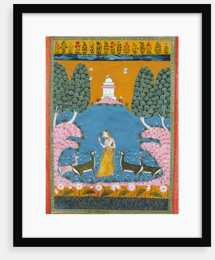 Lady by a stream playing the Vina to four deer. Rajasthan, India, 1680 by Unknown