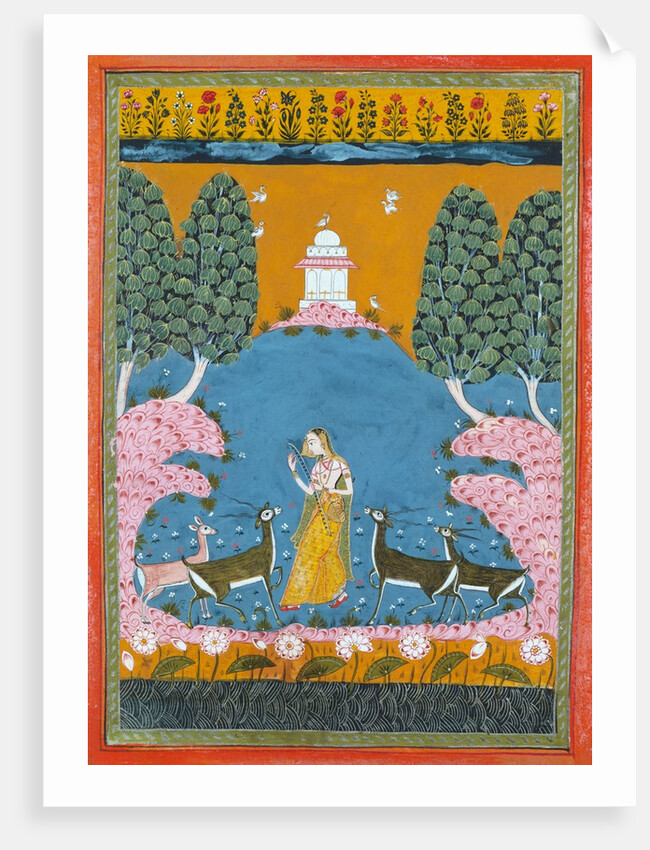 Lady by a stream playing the Vina to four deer. Rajasthan, India, 1680 by Unknown