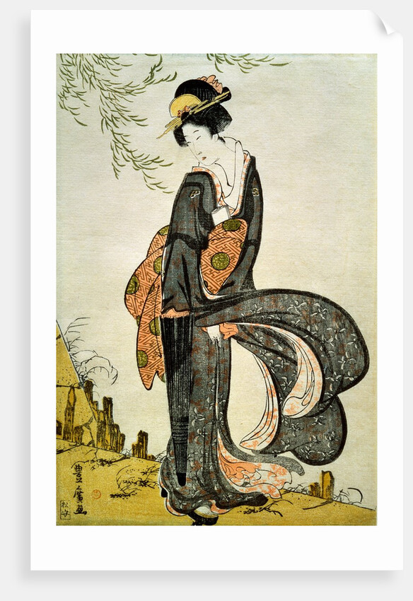 A Beauty Bothered by the Wind under a Willow by Utagawa Toyohiro