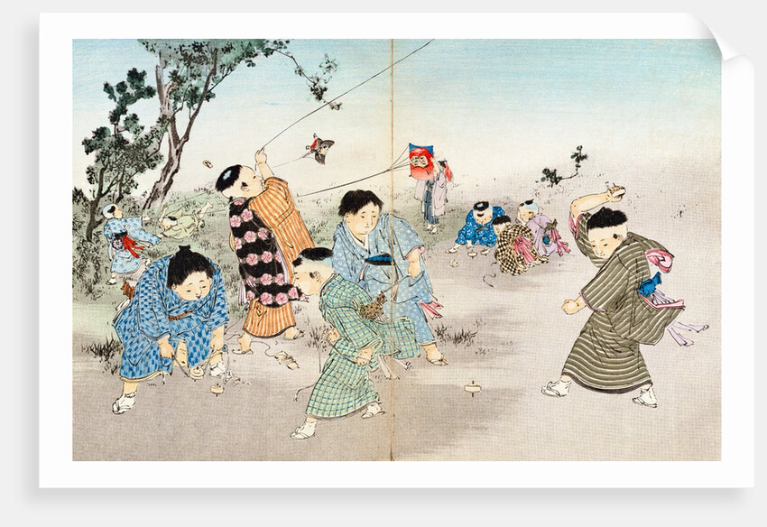 Boys playing with spinning tops & flying kites. Tokyo, Japan, 20th century by Anonymous