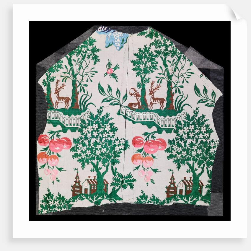 Dress fabric with deer, trees, house and grapes motifs by Unknown